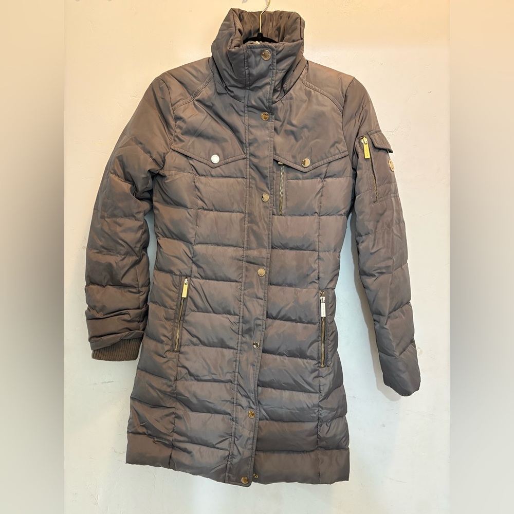 Michael Kors Taupe Quilted Puffer Coat